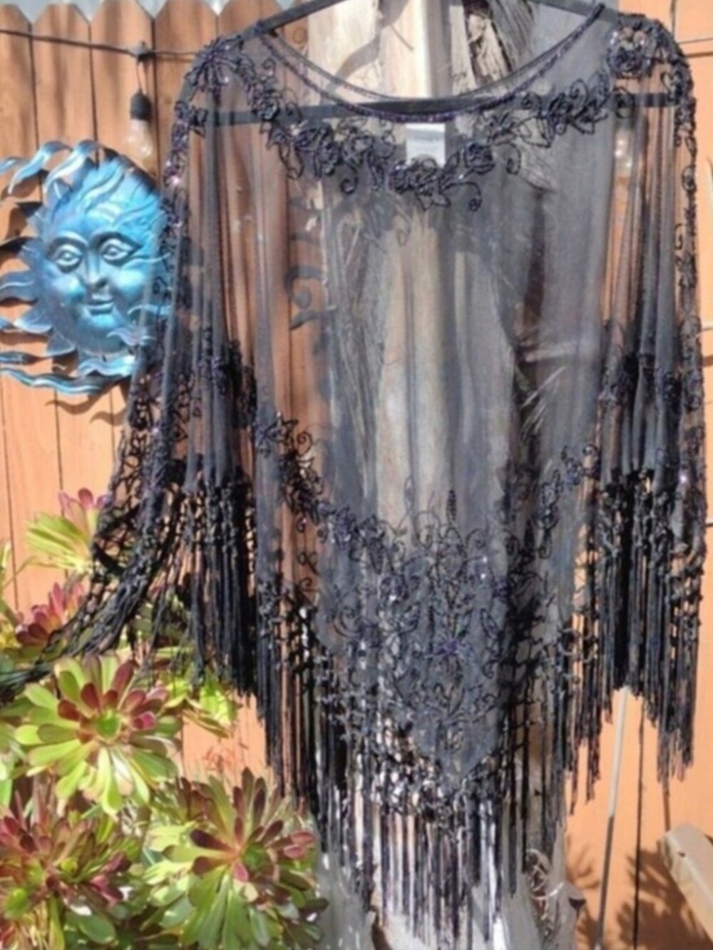 Vtg Gothic Sheer Embroidered Glass Beads Sequins & Fringe Stevie Nicks Poncho - Picture 6 of 16